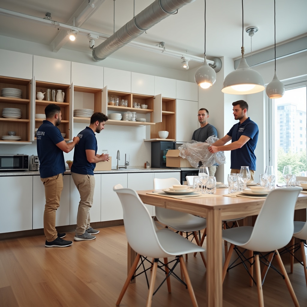 Equipo profesional desembalando y configurando interior de hogar organizado