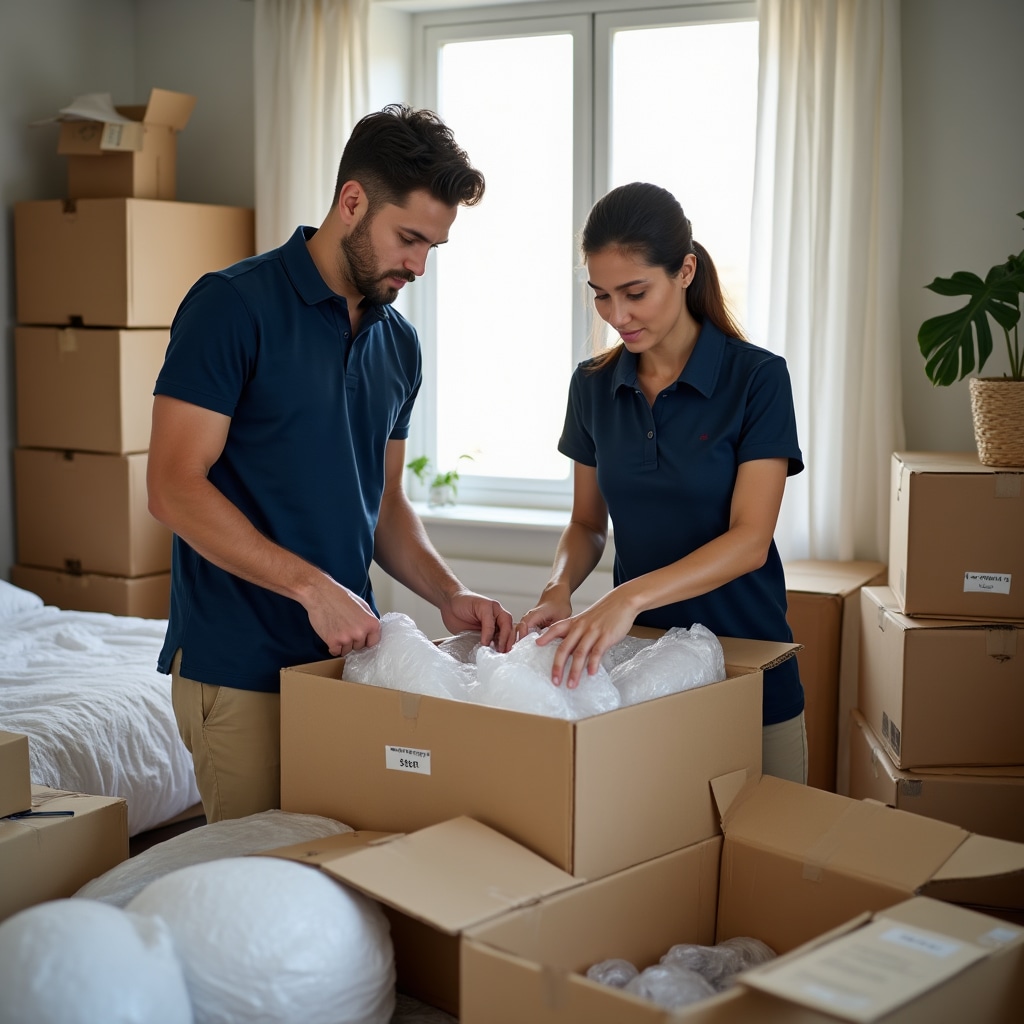 Proceso de embalaje sistemático con cajas etiquetadas y materiales protectores